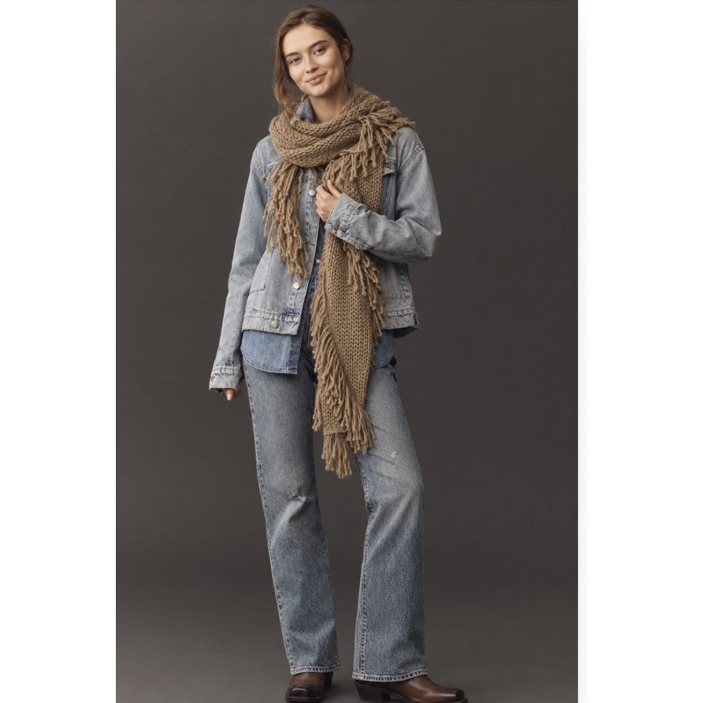 NWT Anthropologie Camel Brown Fringed Scarf Winter Fall Long 72" Boho Western